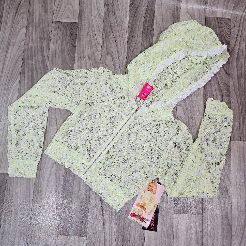Pink Lipstick Loungewear Mini Midriff Floral Lace Hoodie Glows in Blacklight L